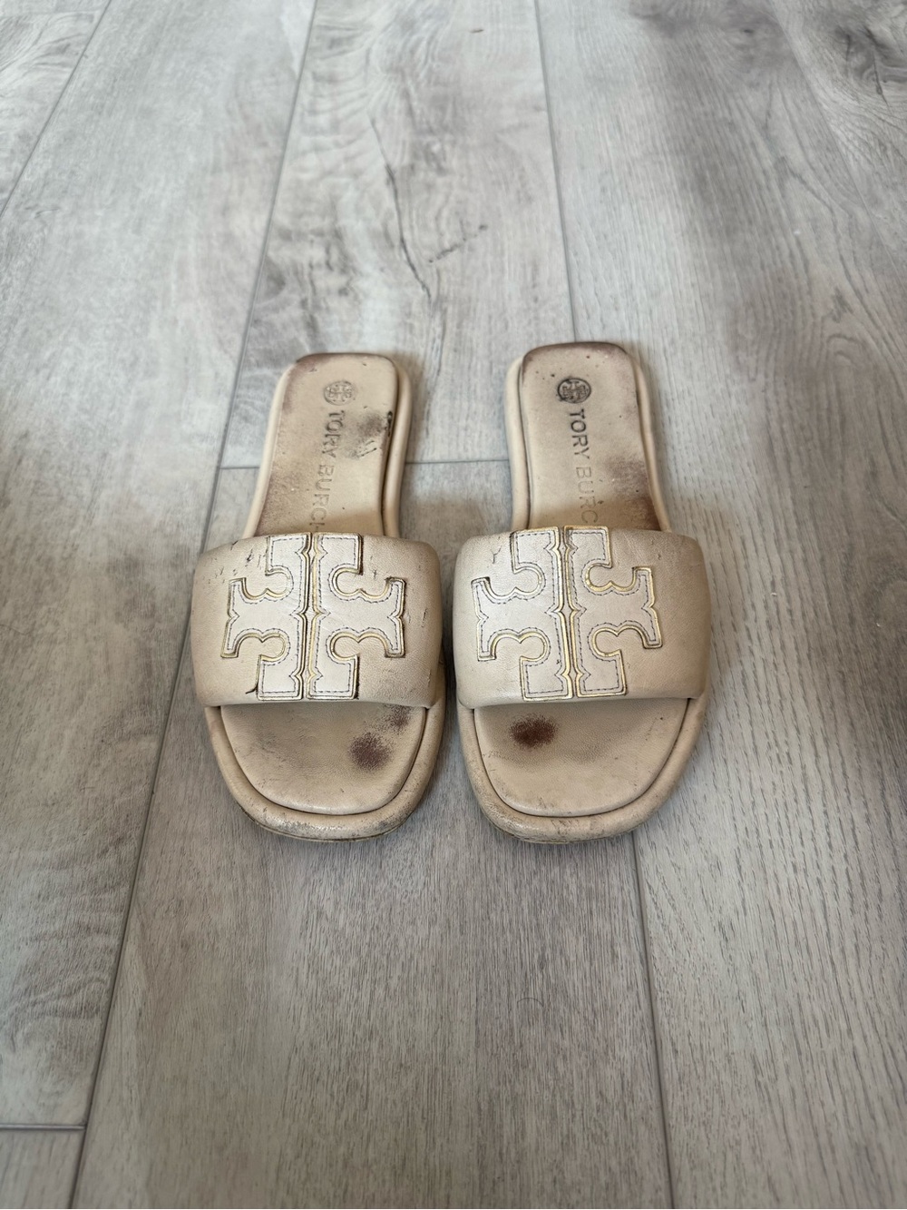 Tory Burch Ines Ivory Gold Double T Logo Leather Slide Sandals Women’s 7.5